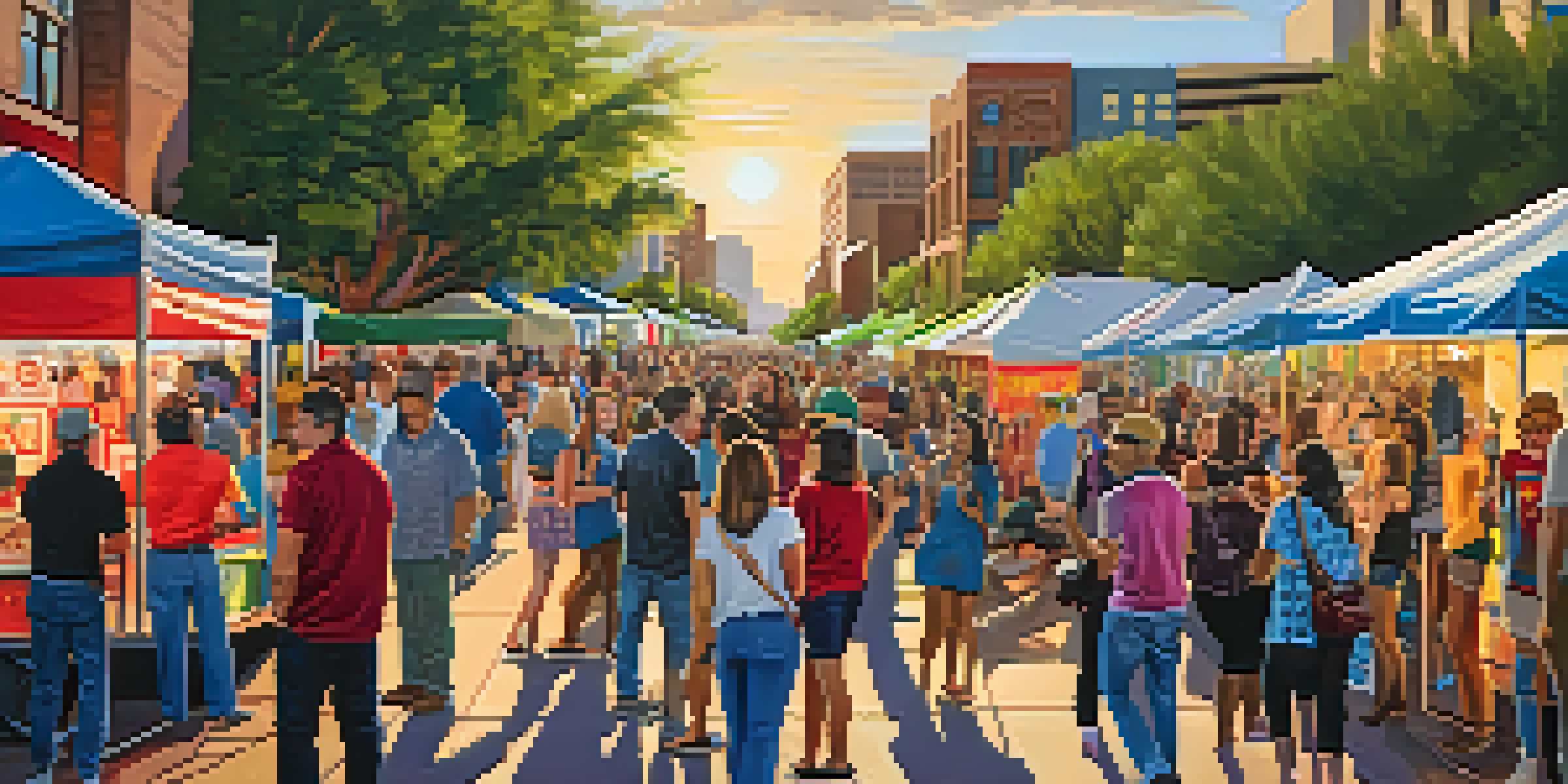 A lively street filled with people enjoying the First Fridays art event, with artists showcasing their work and colorful murals in the background.
