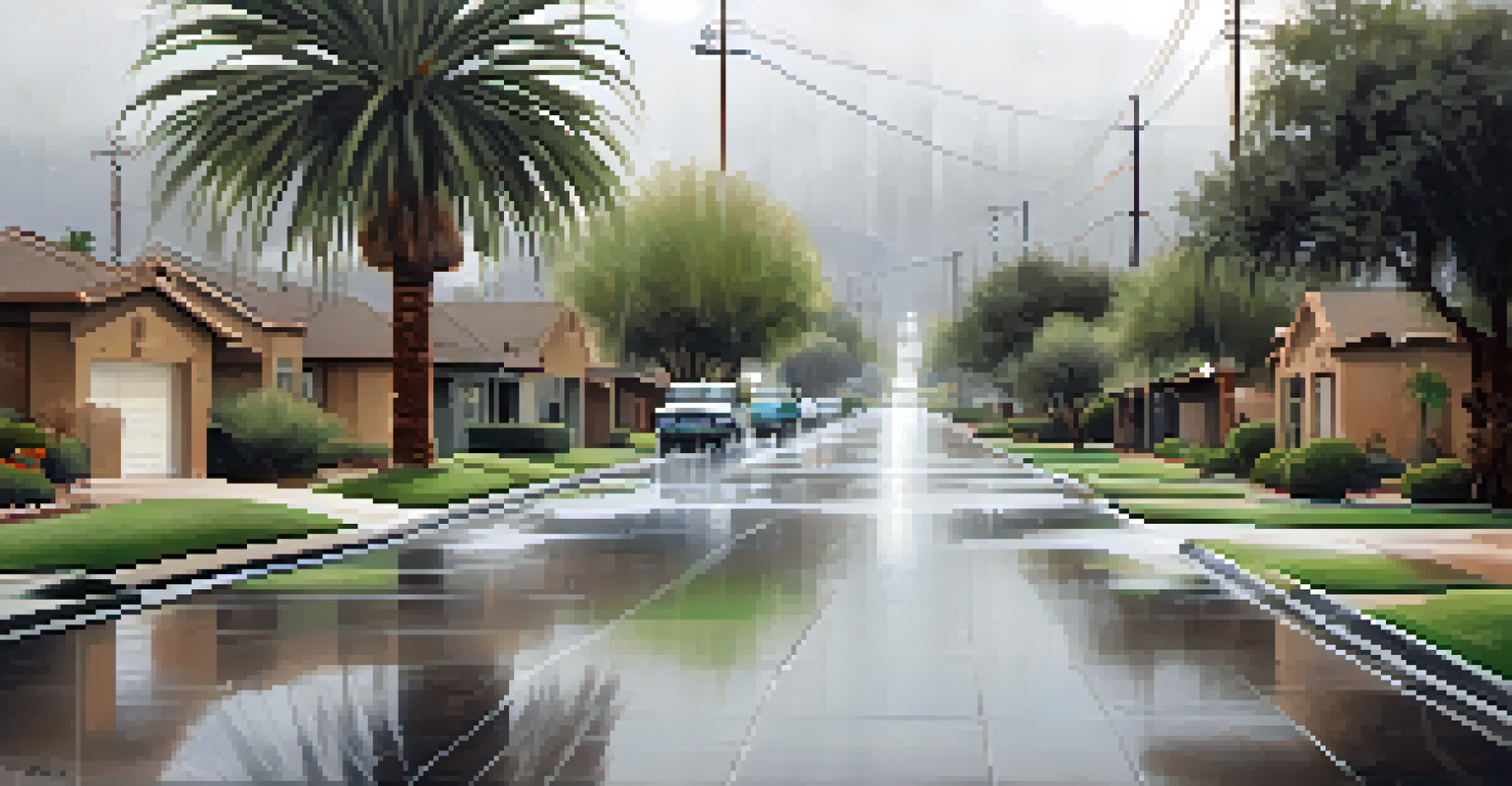 A serene winter scene in Phoenix during rainfall, with palm trees and ripples in puddles on a quiet neighborhood street.