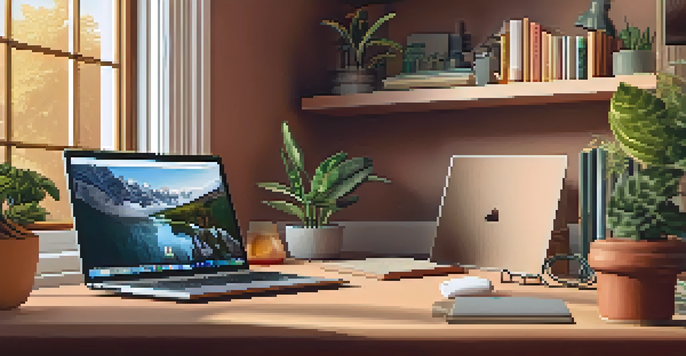 A comfortable home office with a laptop showing a telehealth consultation, surrounded by plants and books.