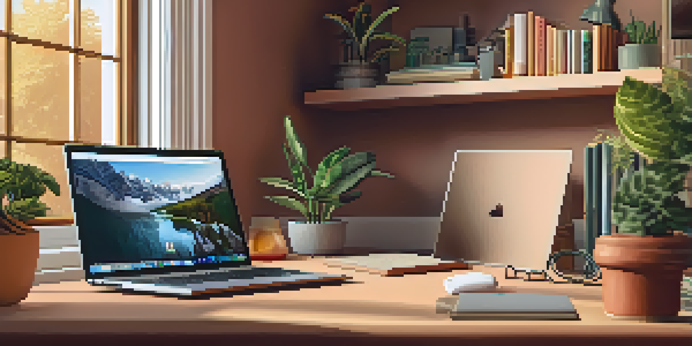 A comfortable home office with a laptop showing a telehealth consultation, surrounded by plants and books.