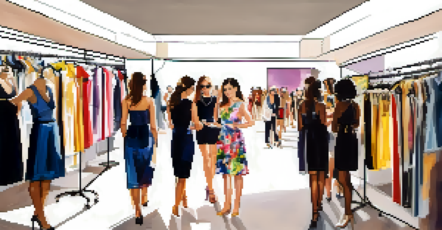 Organizers working behind the scenes at a fashion event, surrounded by fabrics and sketches in a bright dressing room.