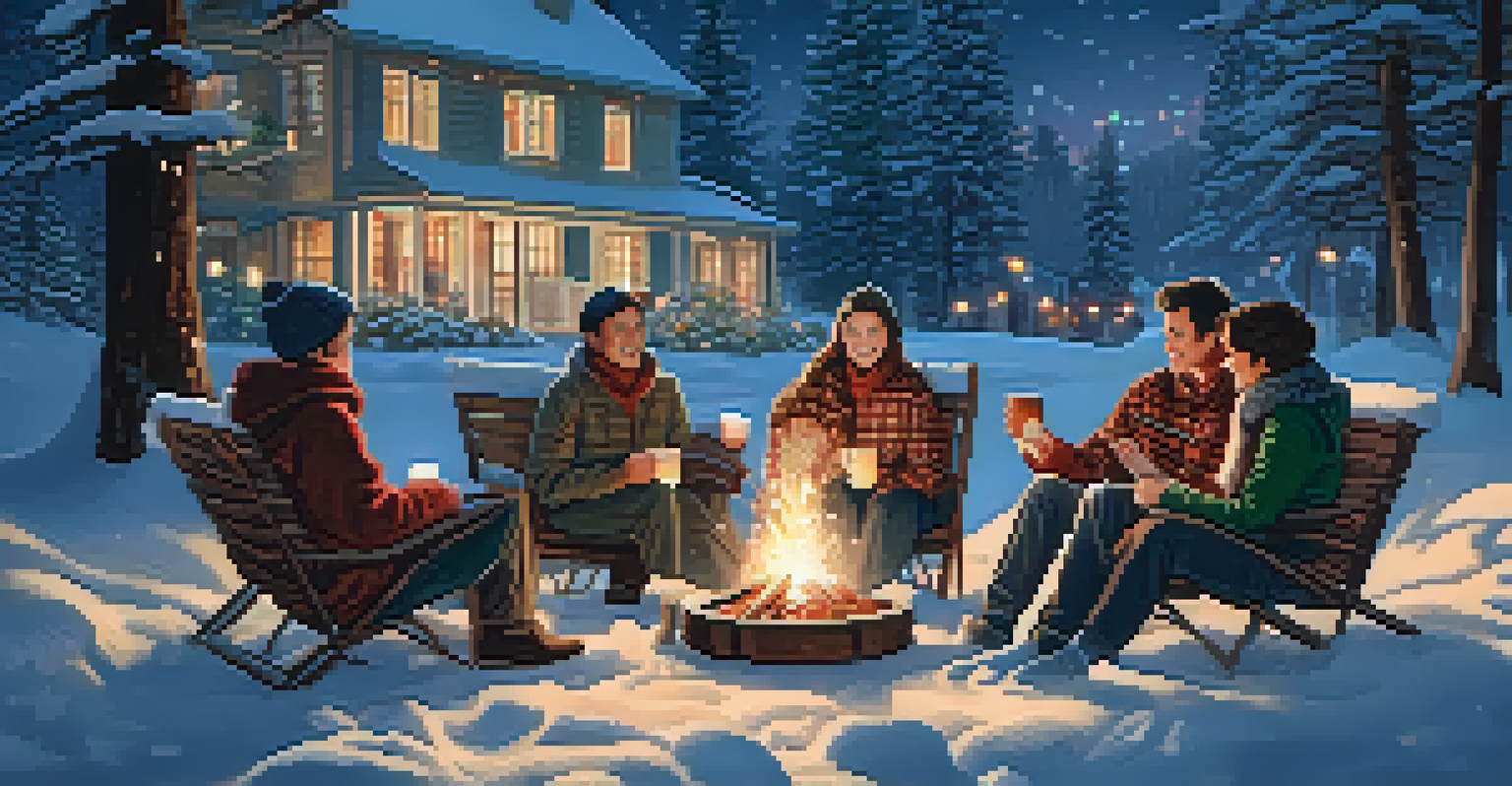 A winter outdoor movie night with people wrapped in blankets enjoying a holiday film, as snowflakes fall and pine trees are decorated with lights.