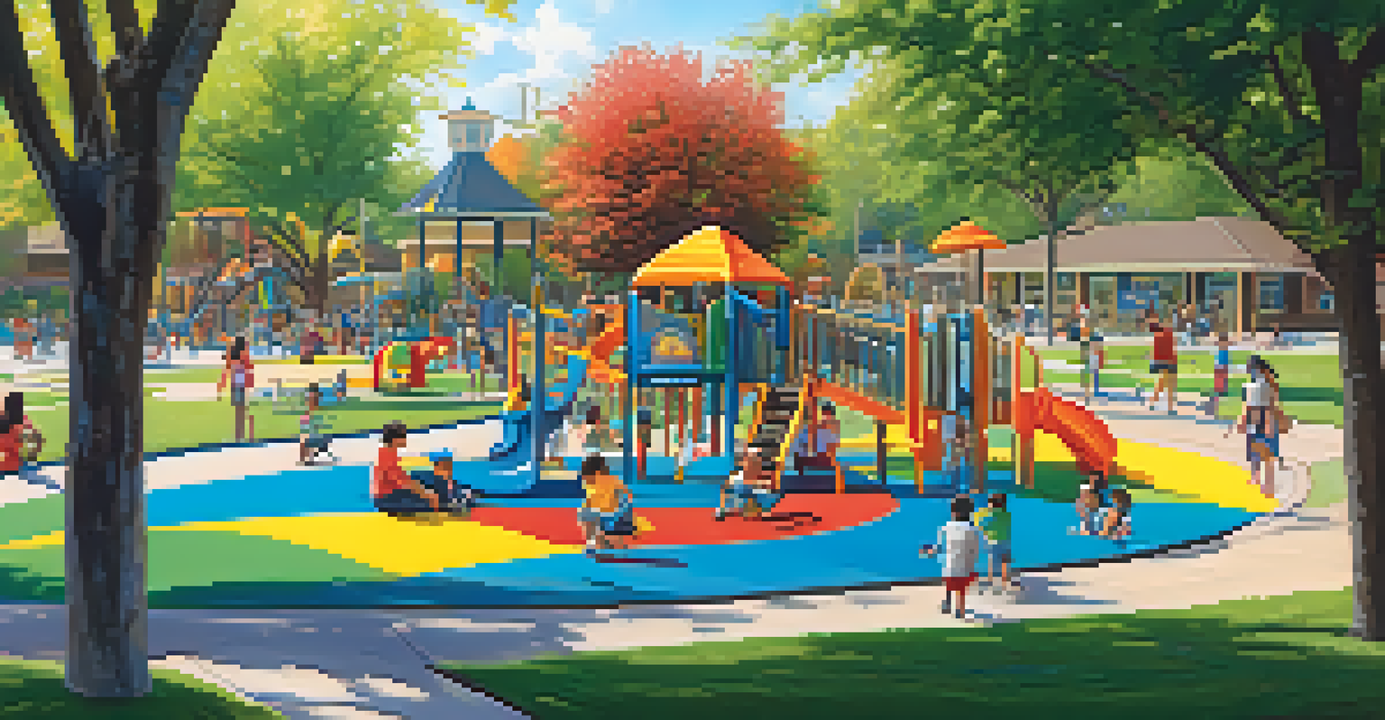 Children playing in a colorful playground at Steele Indian School Park with parents nearby.