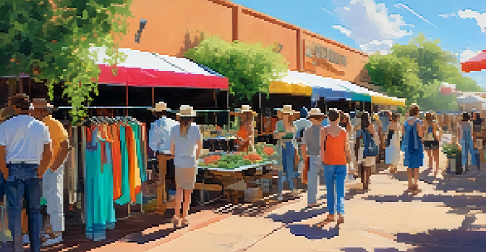 An outdoor market showcasing sustainable fashion with colorful stalls and diverse shoppers under a bright blue sky.