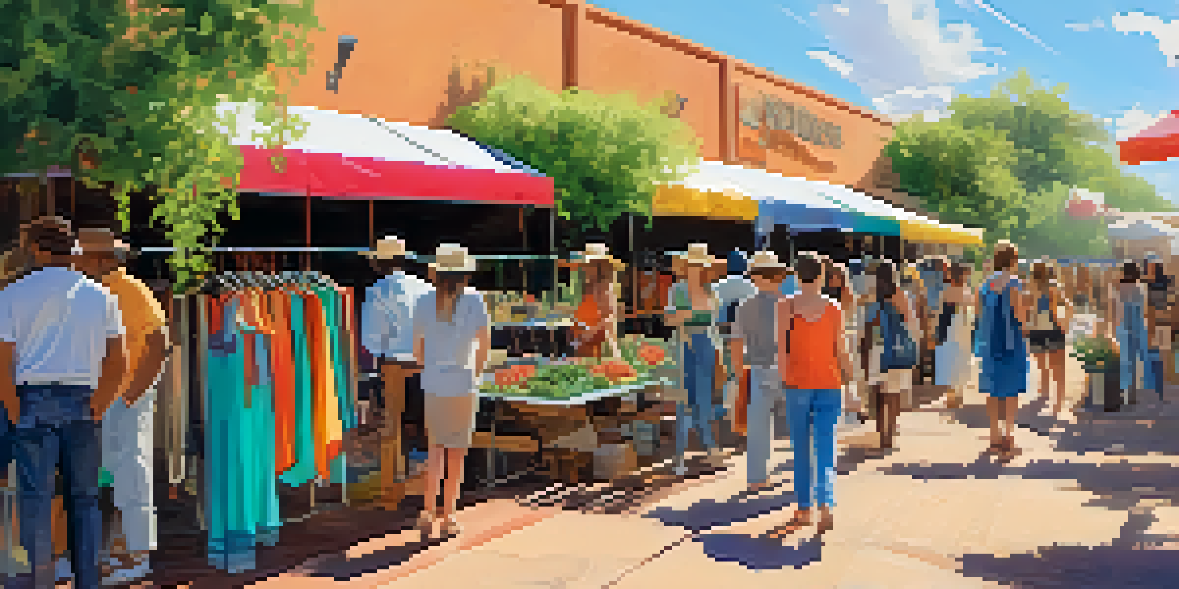 An outdoor market showcasing sustainable fashion with colorful stalls and diverse shoppers under a bright blue sky.