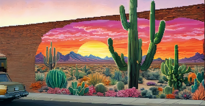 A colorful mural of the Phoenix desert, featuring cacti and a sunset, with artists painting in front of it.