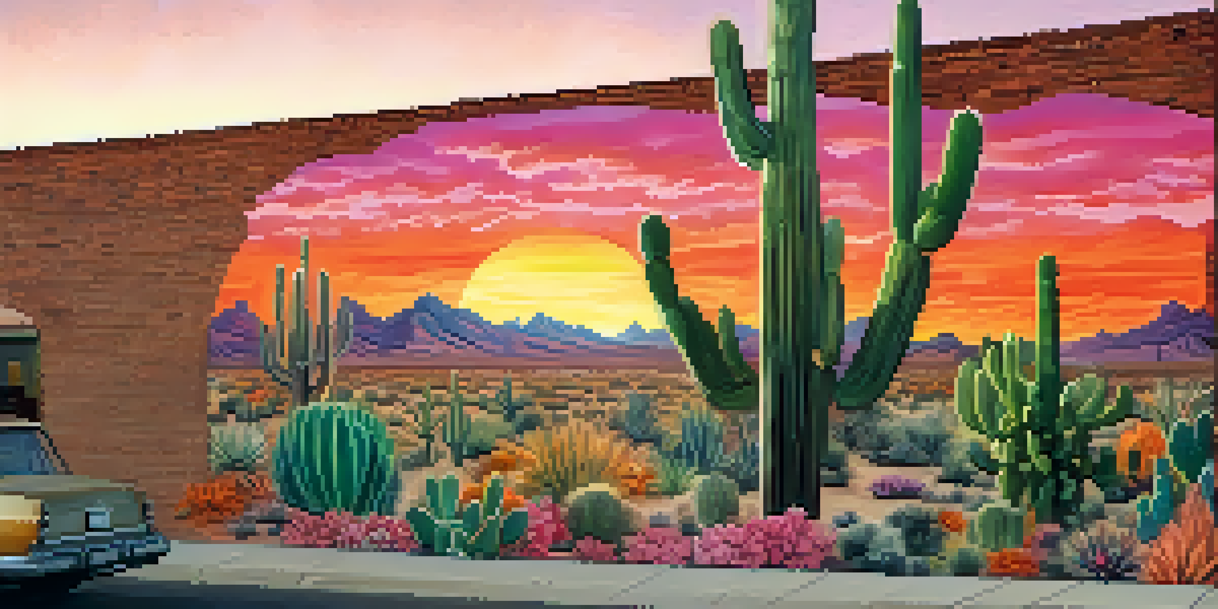 A colorful mural of the Phoenix desert, featuring cacti and a sunset, with artists painting in front of it.