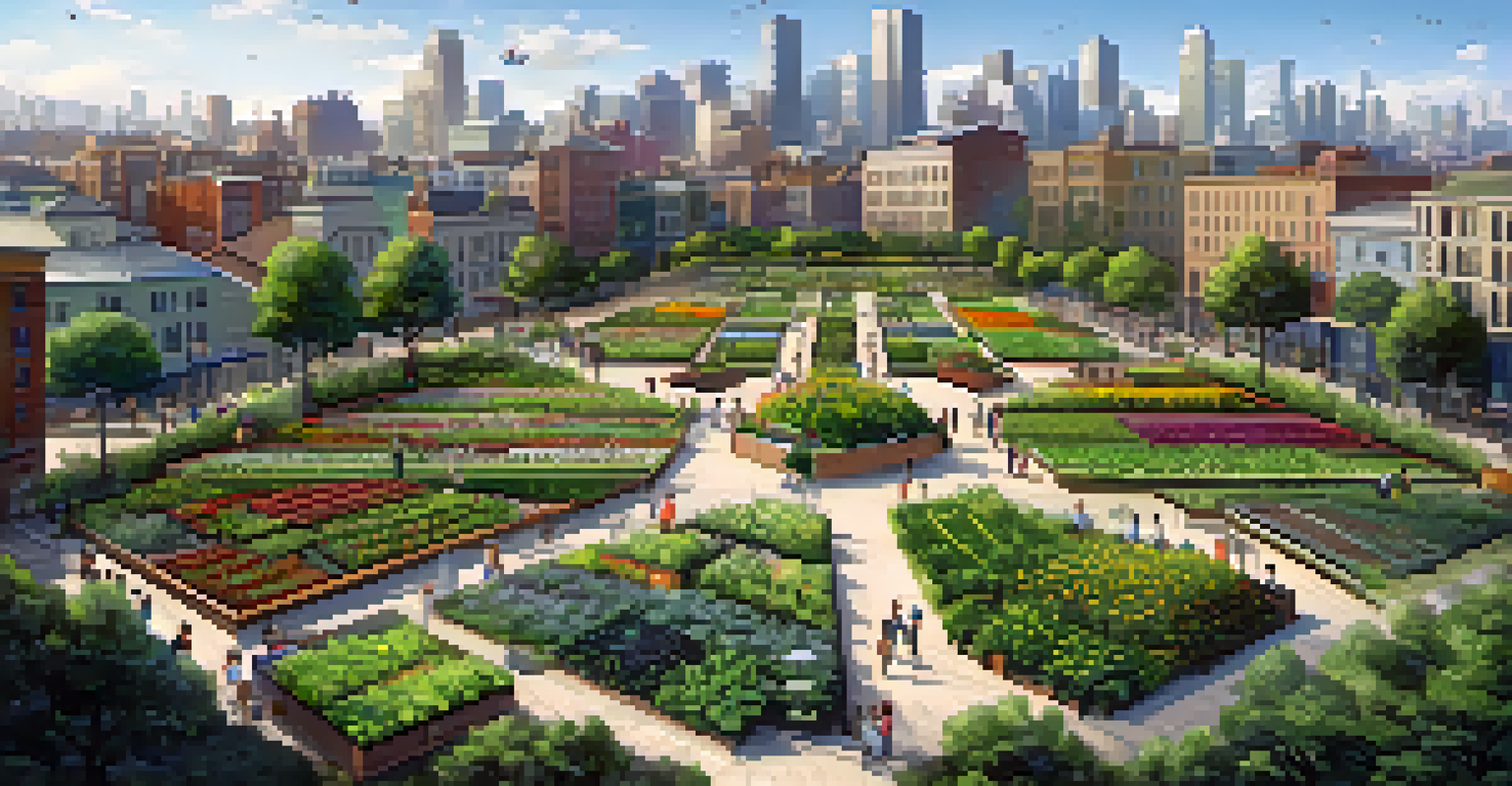An aerial view of a vibrant community garden amidst urban buildings, showcasing diverse plants and active residents.