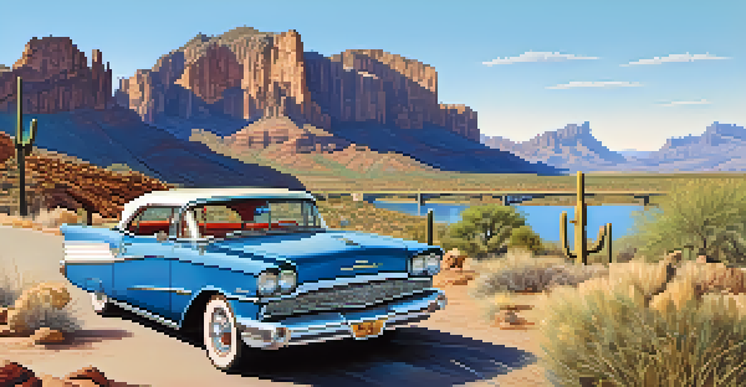 A vintage car at a viewpoint on the Apache Trail with mountains and lake in the background.