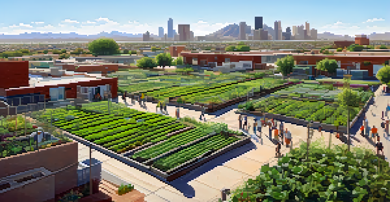 An aerial view of urban agriculture in Phoenix with community gardens on rooftops and people tending to plants.