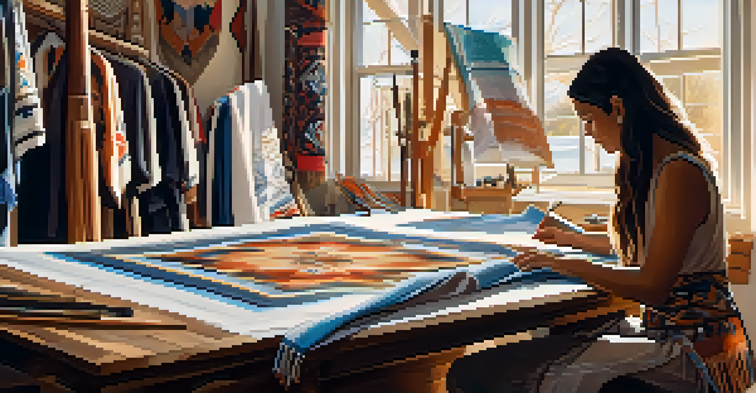 A close-up of a designer crafting a garment with Native American designs, surrounded by fabrics and sketches in a bright workspace.
