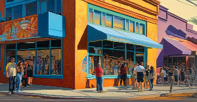 A lively street scene in Roosevelt Row featuring colorful murals, artists, and people enjoying the atmosphere with a sunset in the background.