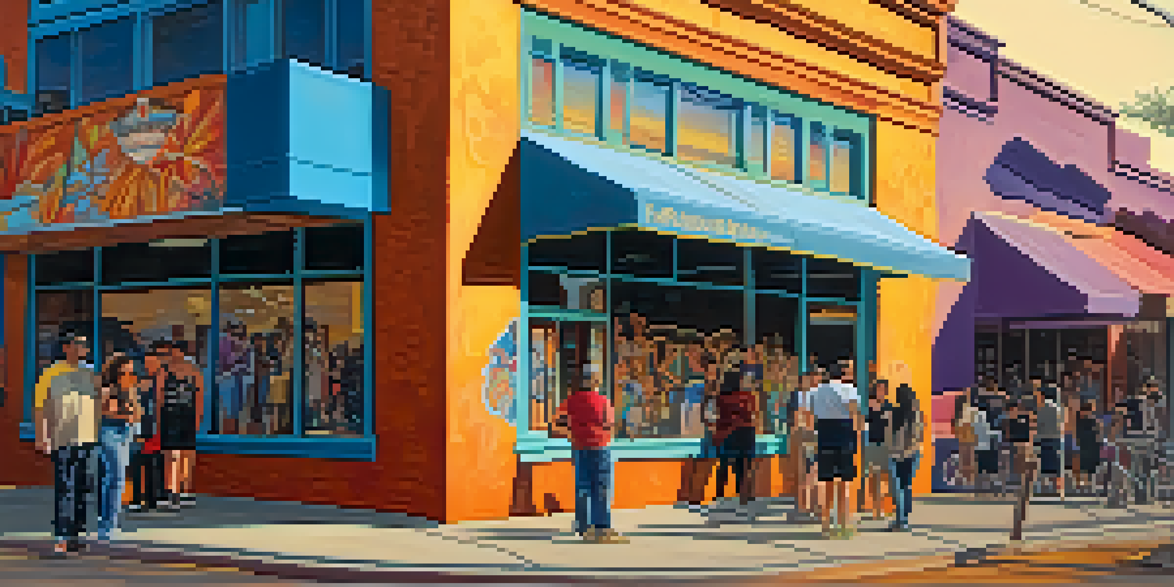 A lively street scene in Roosevelt Row featuring colorful murals, artists, and people enjoying the atmosphere with a sunset in the background.