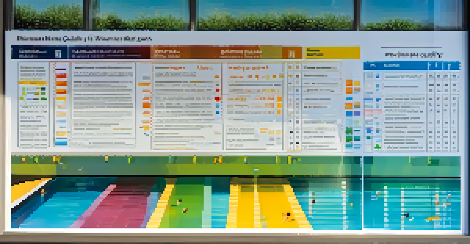 A close-up of a water quality report at a swimming pool showing chemical balance readings.
