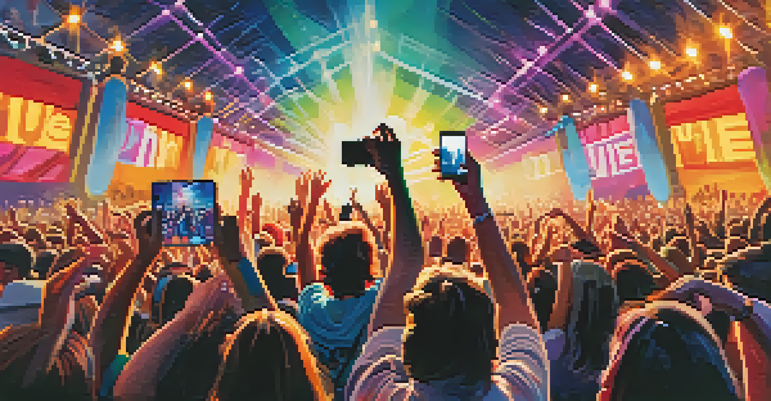 A close-up of hands holding a smartphone to capture a live performance at a lively Phoenix music festival, with cheering crowd in the background.