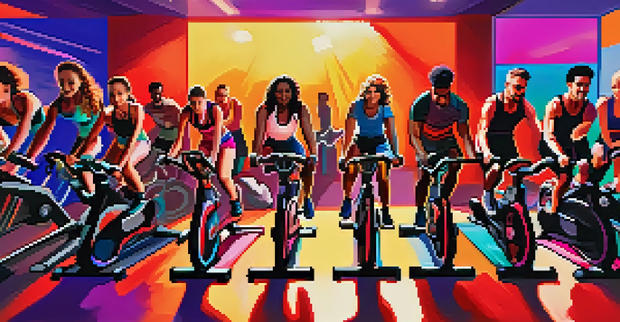 A diverse group of people participating in a lively spin class in a boutique studio, with colorful lights and an enthusiastic instructor.