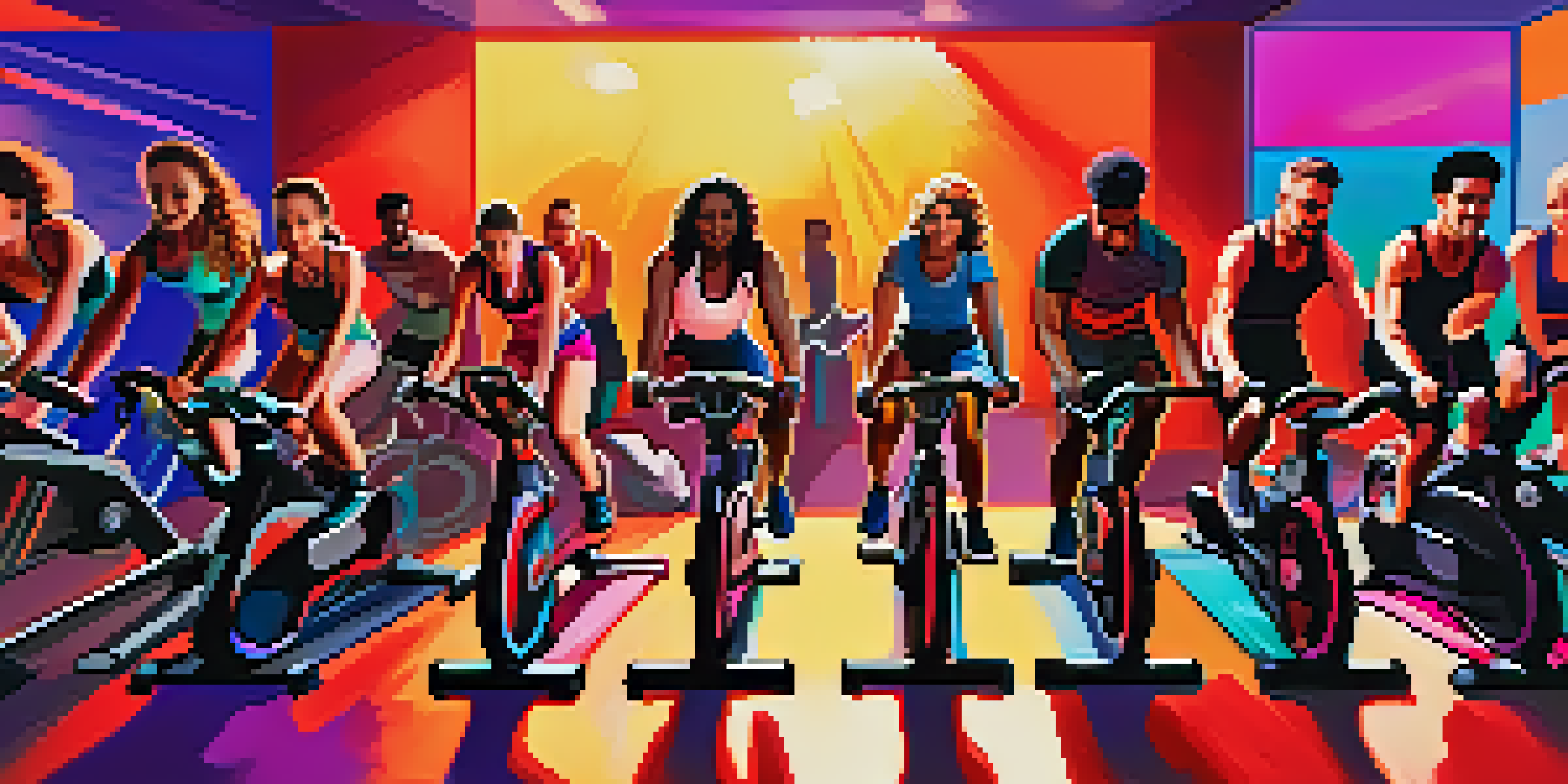 A diverse group of people participating in a lively spin class in a boutique studio, with colorful lights and an enthusiastic instructor.