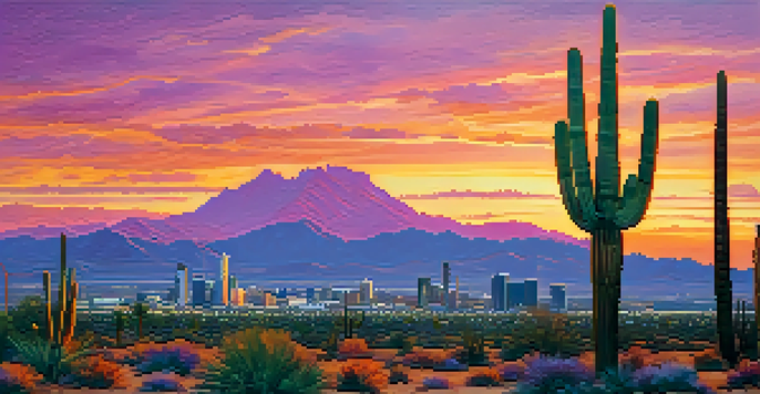 A sunset view of the Phoenix skyline with desert cacti in the foreground.