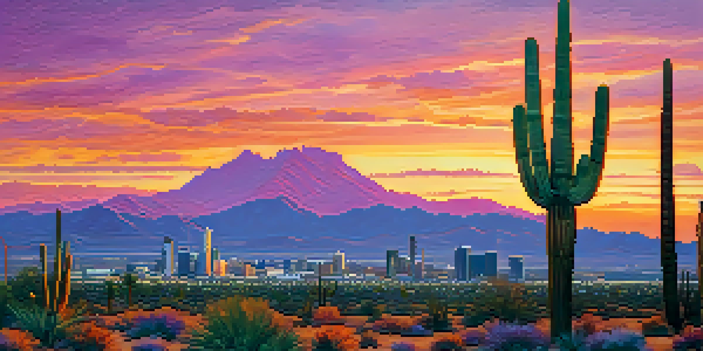 A sunset view of the Phoenix skyline with desert cacti in the foreground.