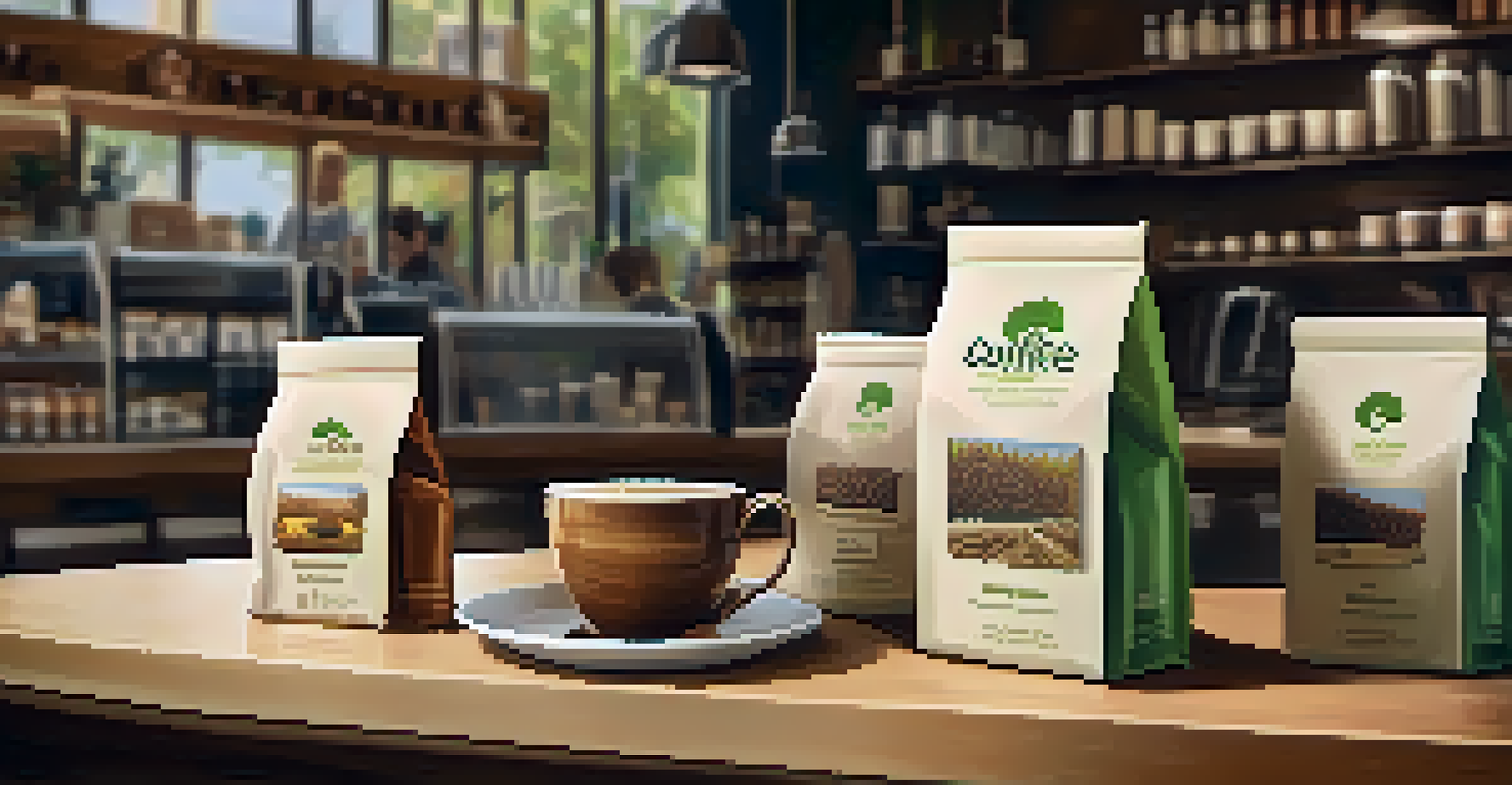 A close-up of eco-friendly coffee packaging, including reusable bags and compostable containers, in a cozy café setting.