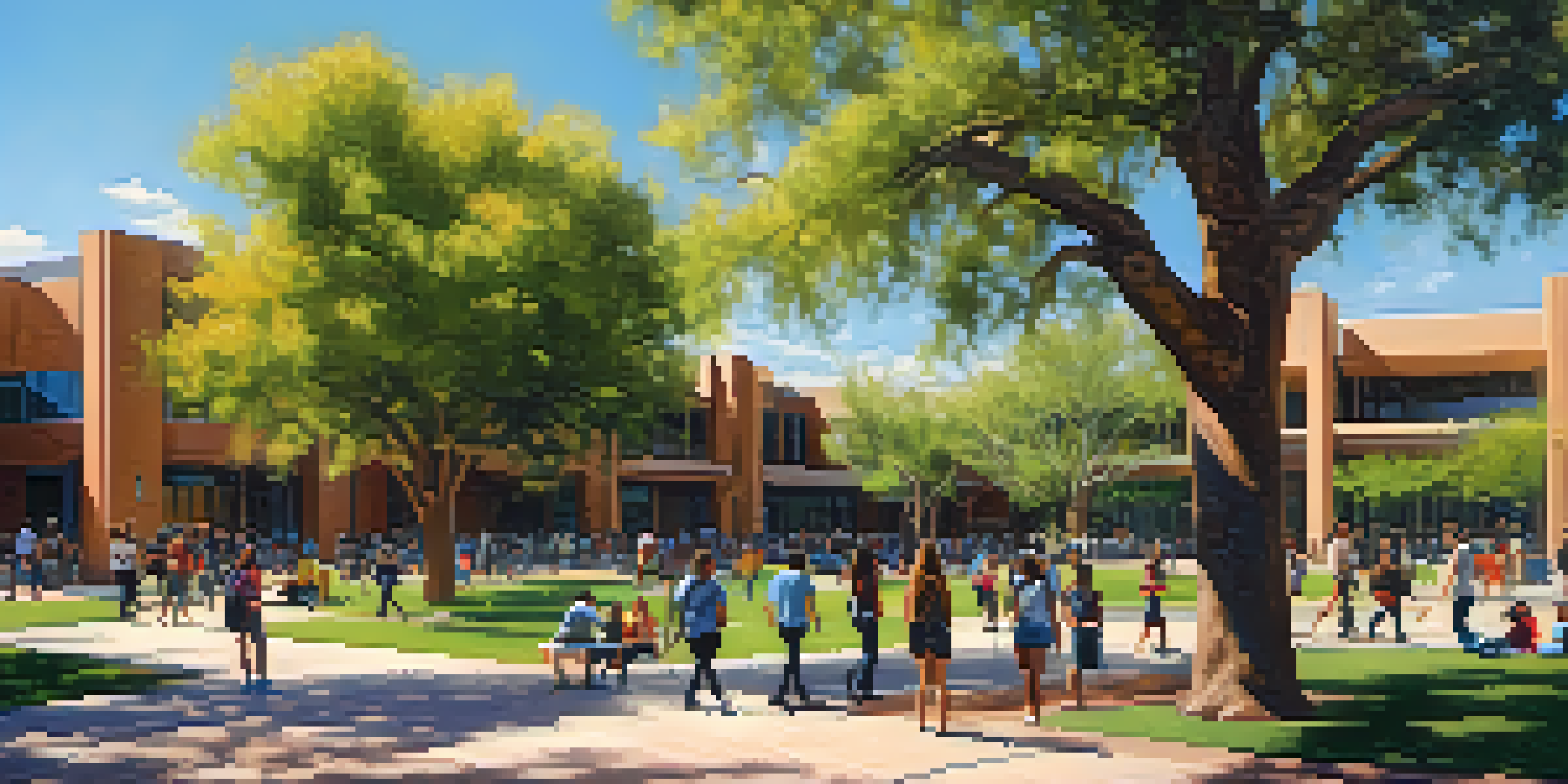 A diverse group of students working together on a project in a sunny outdoor setting at Arizona State University, with campus buildings in the background.