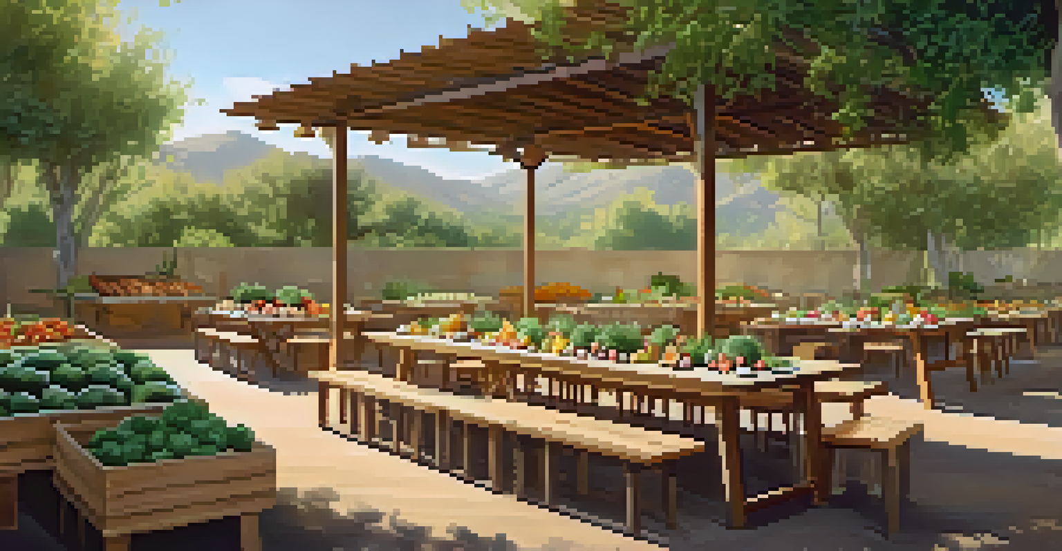 An outdoor dining table set under trees in Phoenix, decorated with fresh vegetables and herbs, illuminated by soft golden light.