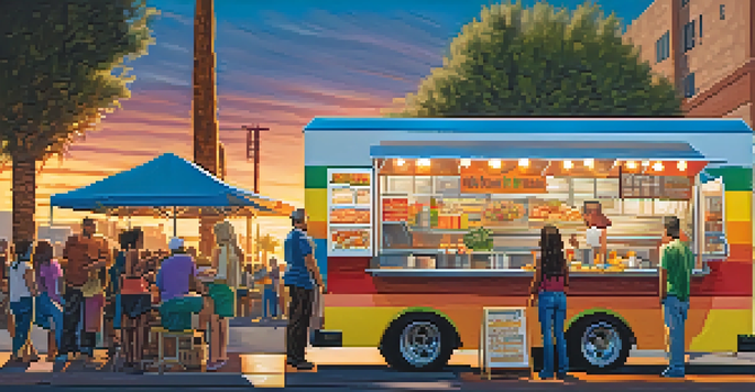 A lively street corner in Phoenix with colorful food trucks and diverse people enjoying meals under a warm sunset.