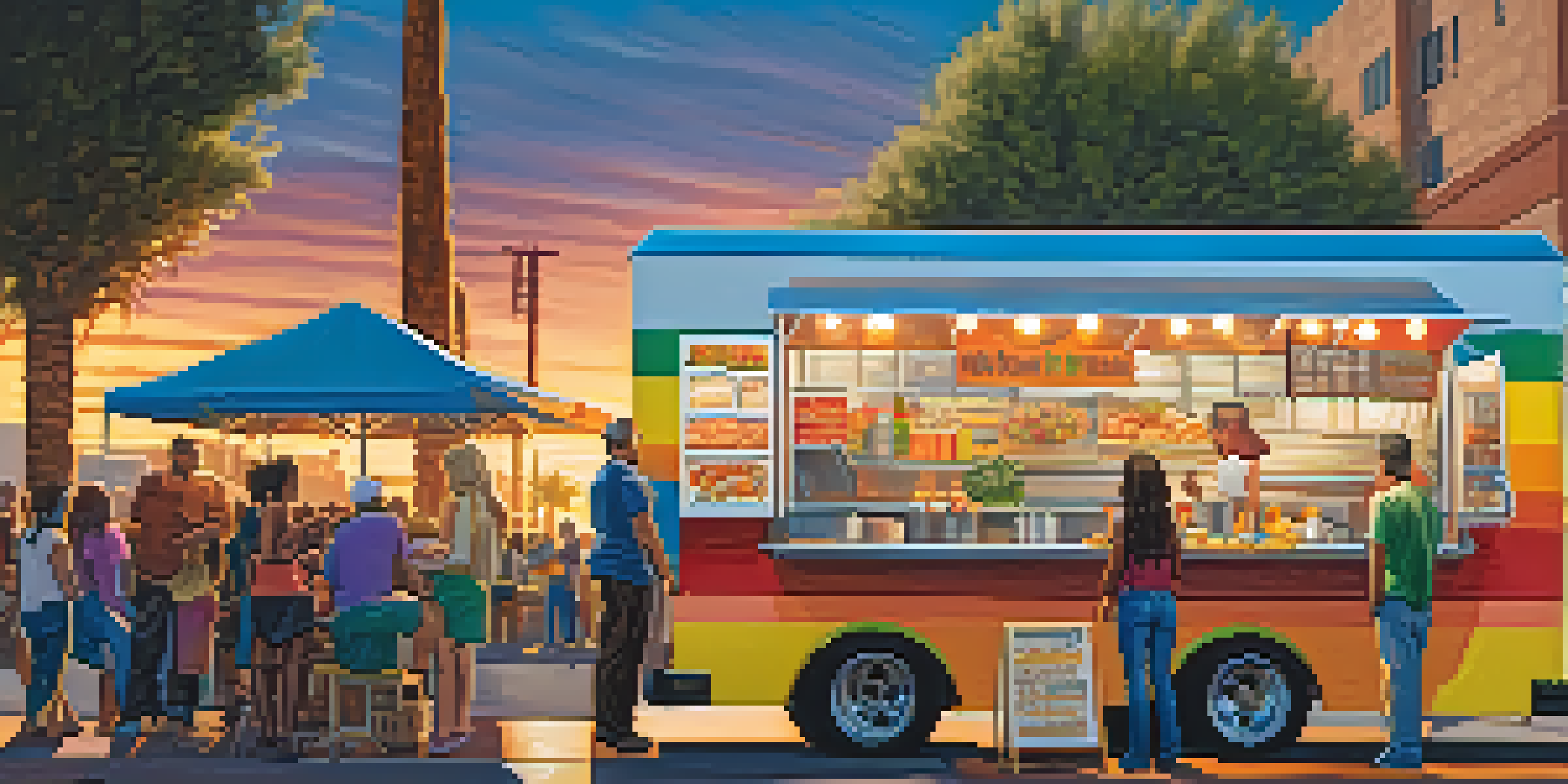 A lively street corner in Phoenix with colorful food trucks and diverse people enjoying meals under a warm sunset.