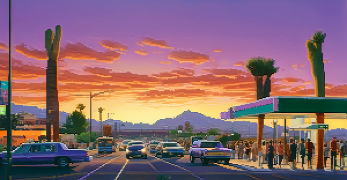 A sunset cityscape of Phoenix with busy streets, diverse individuals at a bus stop, and desert mountains in the background.