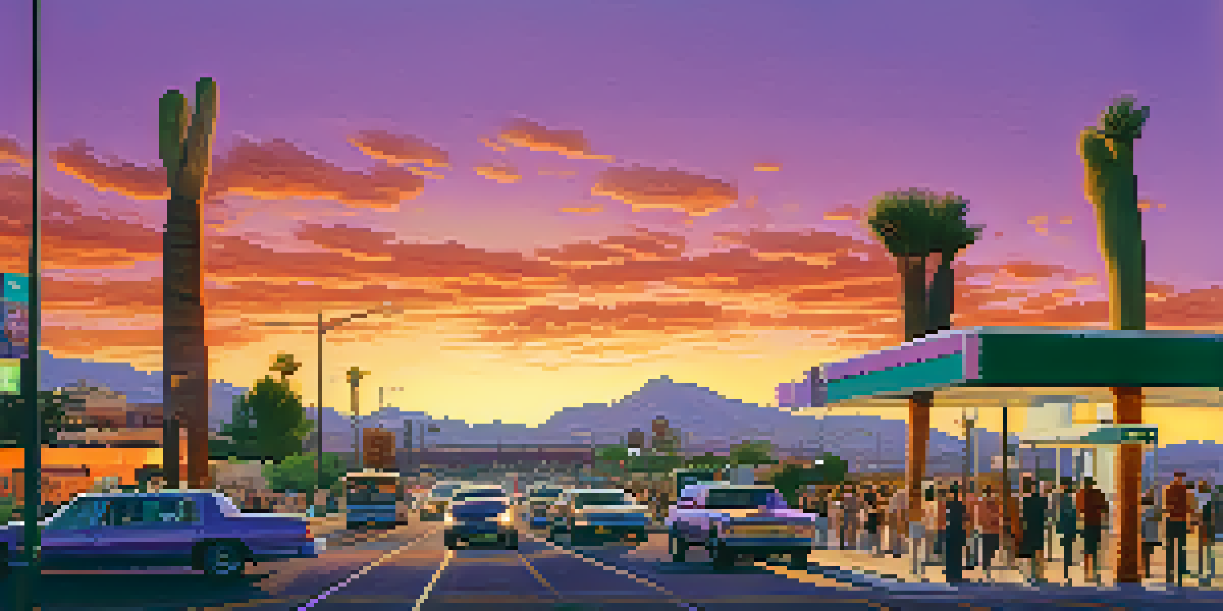 A sunset cityscape of Phoenix with busy streets, diverse individuals at a bus stop, and desert mountains in the background.