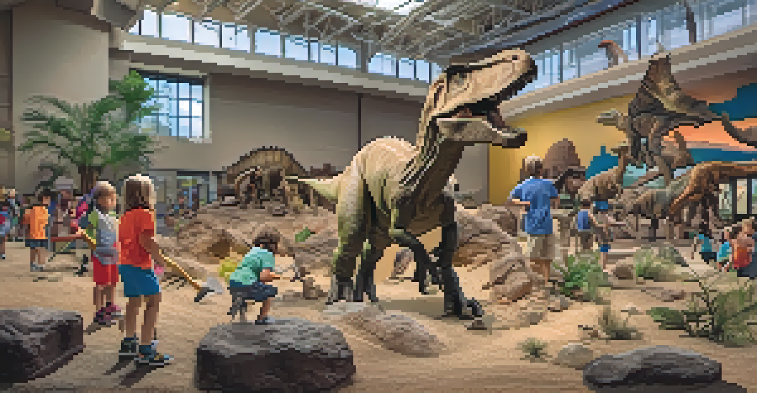 Children engaging in a fossil dig at the Arizona Science Center's Dino Hall, with dinosaur replicas in the background.