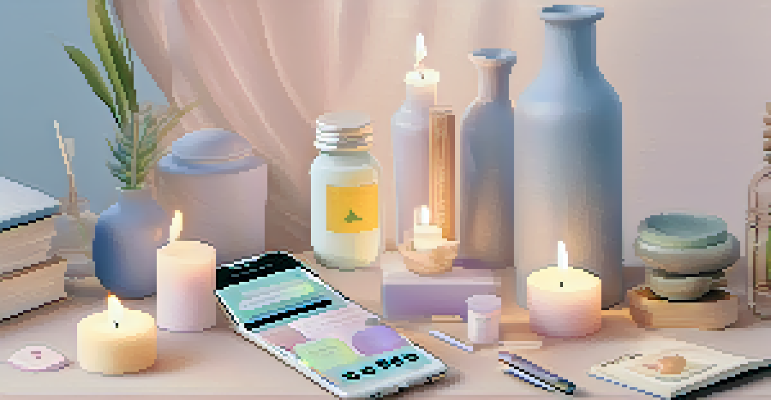 A smartphone displaying mental health apps, surrounded by calming elements like candles and a journal, in a soothing pastel background.