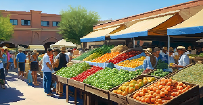An outdoor farmers' market in Phoenix filled with various fresh produce and local goods under a sunny sky.