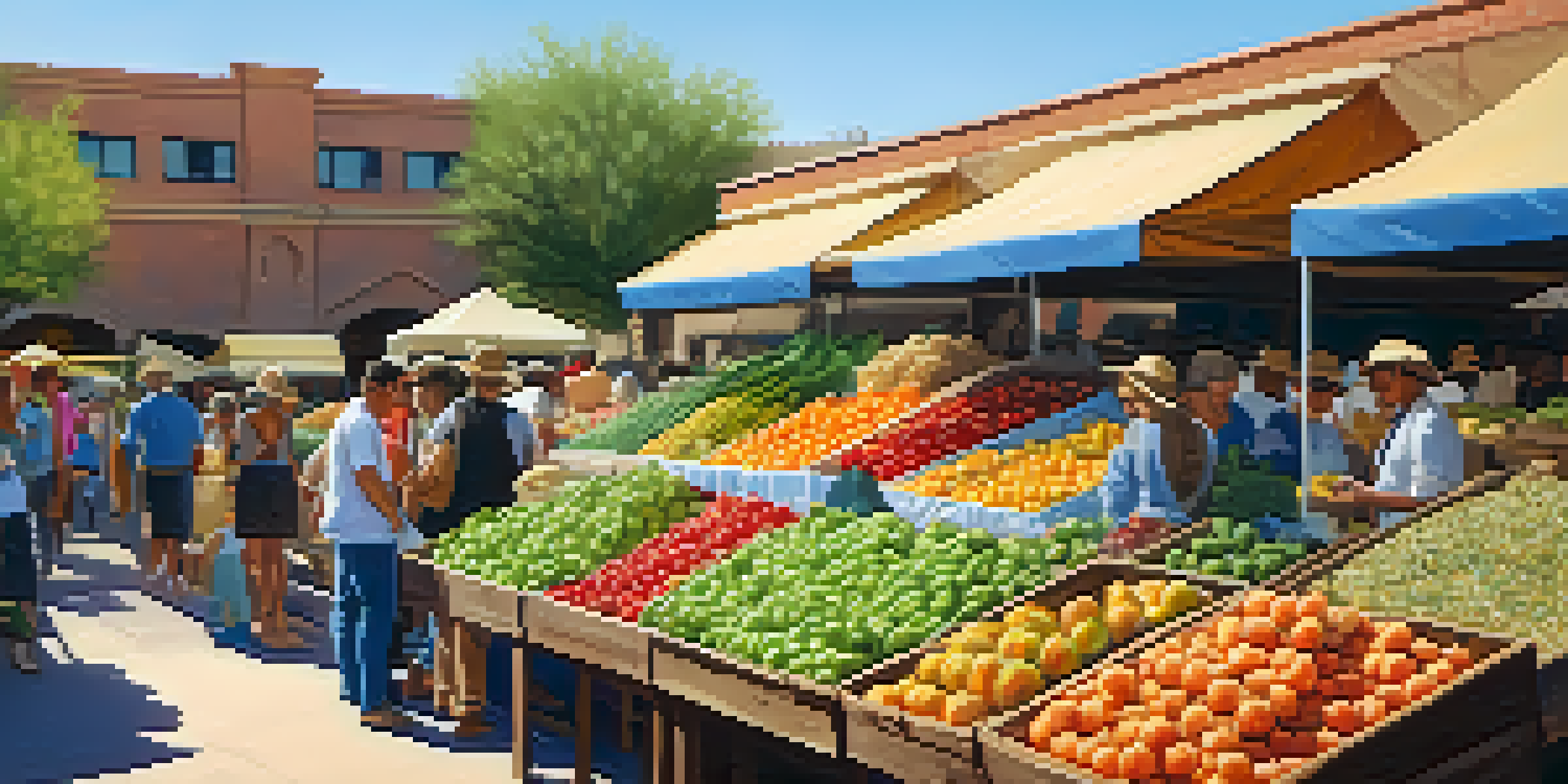 An outdoor farmers' market in Phoenix filled with various fresh produce and local goods under a sunny sky.