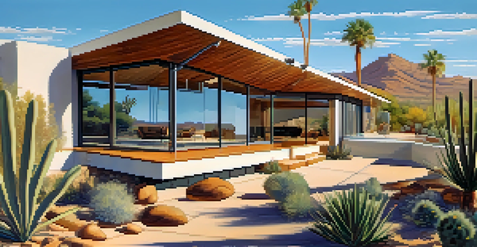 A mid-century modern home with large windows and a desert landscape in Phoenix, highlighting natural materials and bright sunlight.