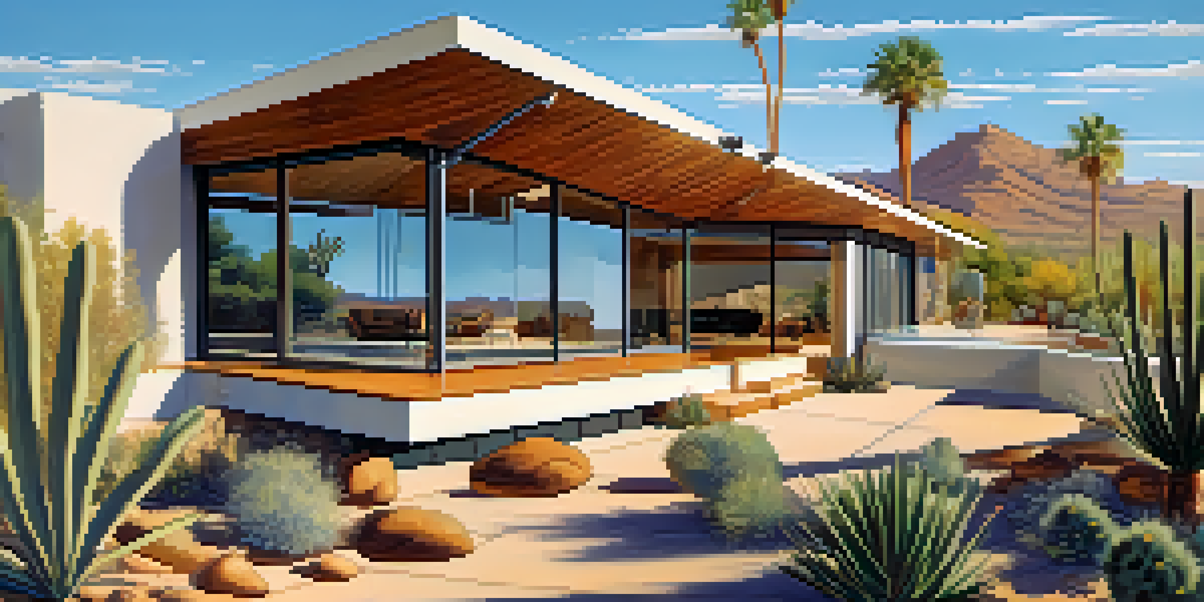 A mid-century modern home with large windows and a desert landscape in Phoenix, highlighting natural materials and bright sunlight.