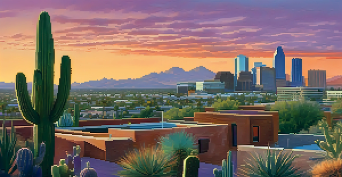 A colorful sunset over the Phoenix skyline with modern buildings and desert plants.