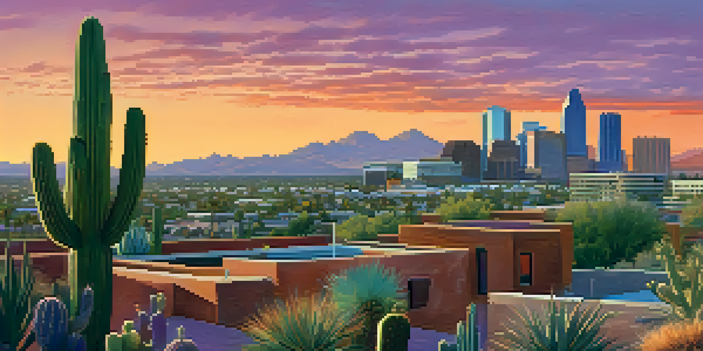 A colorful sunset over the Phoenix skyline with modern buildings and desert plants.