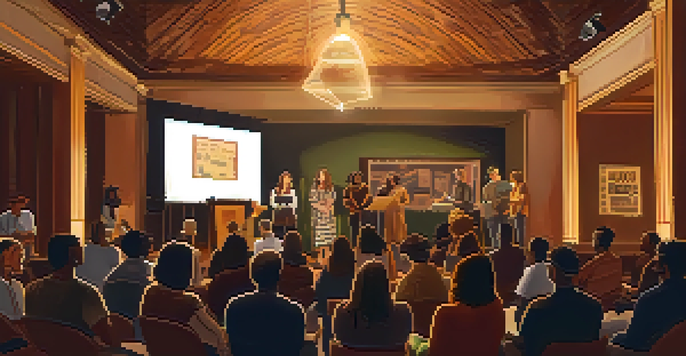 A cozy poetry reading event with poets on stage and an engaged audience in warm lighting.