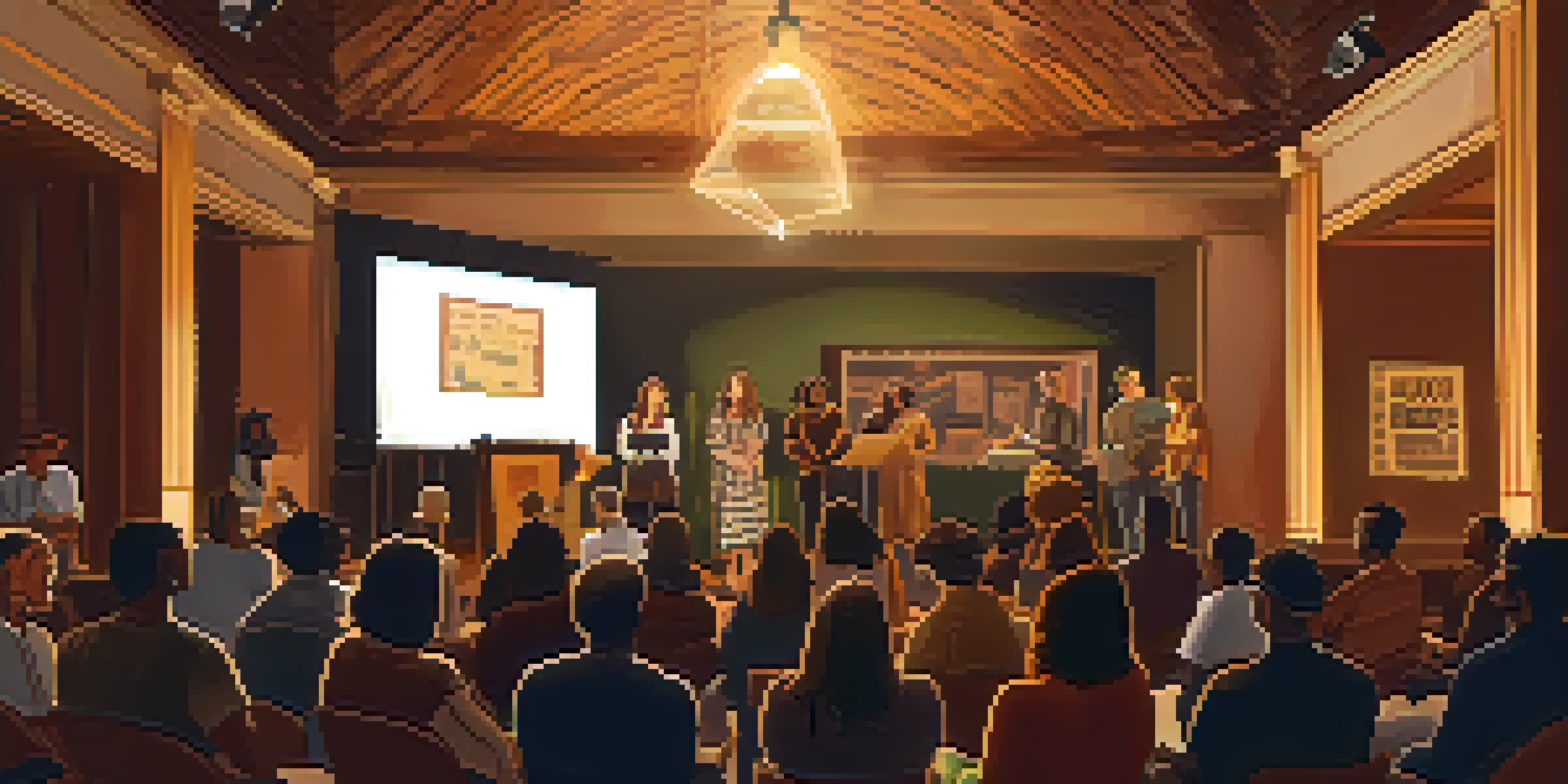 A cozy poetry reading event with poets on stage and an engaged audience in warm lighting.