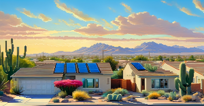 A sunny neighborhood in Phoenix with homes that have solar panels on the roofs, surrounded by desert landscaping and blue skies.