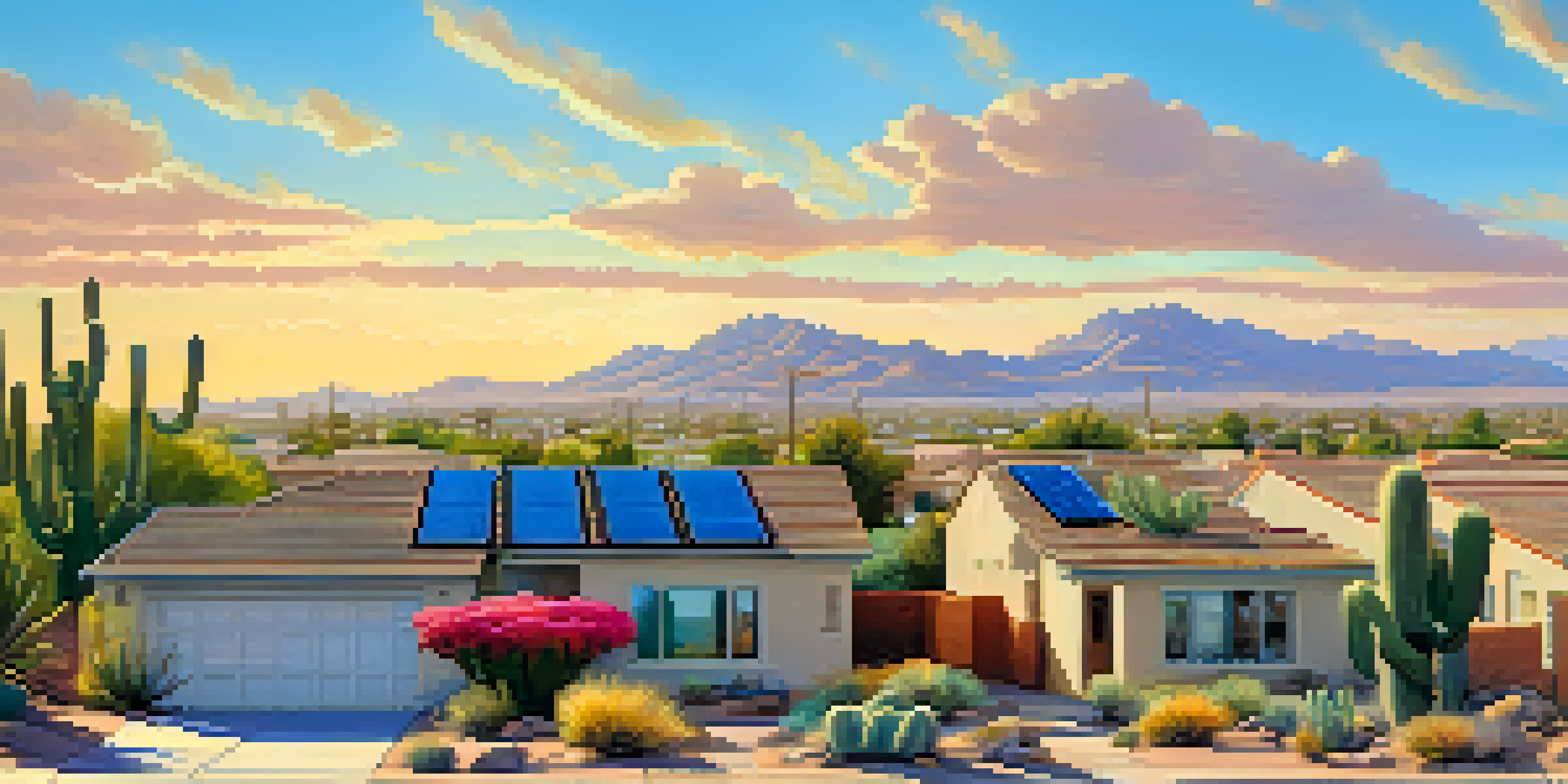 A sunny neighborhood in Phoenix with homes that have solar panels on the roofs, surrounded by desert landscaping and blue skies.