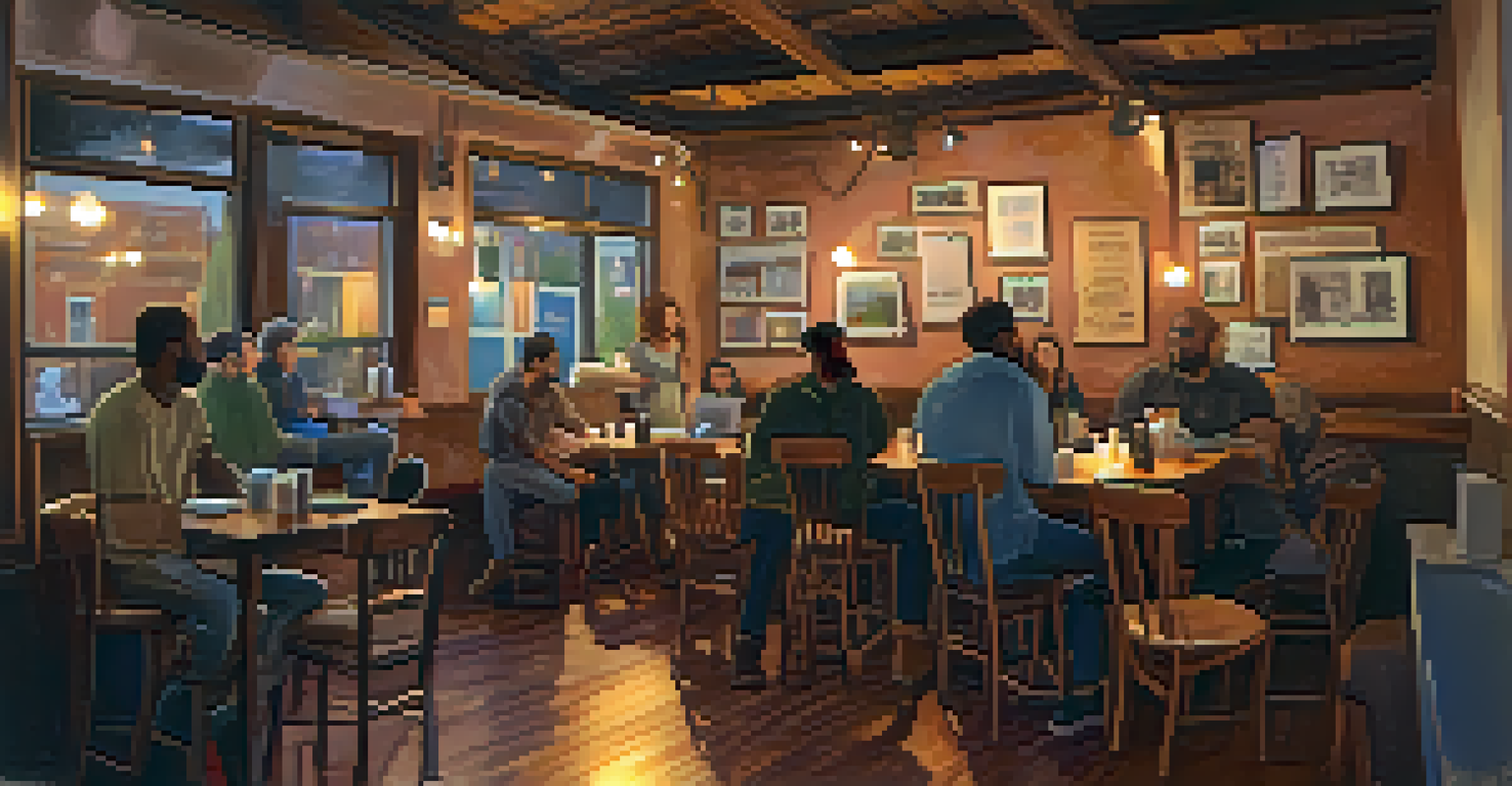A cozy cafe during an open mic night, with a poet at a microphone and an engaged audience, surrounded by warm lighting and coffee cups.
