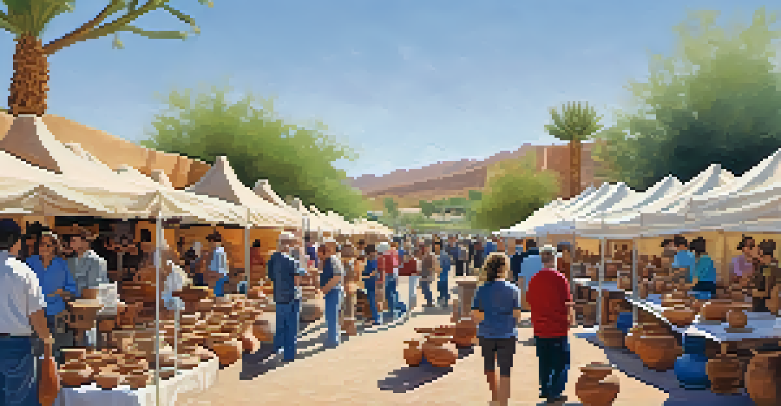 A lively pottery festival in Phoenix with artisans showcasing their colorful handmade ceramics and visitors engaging.