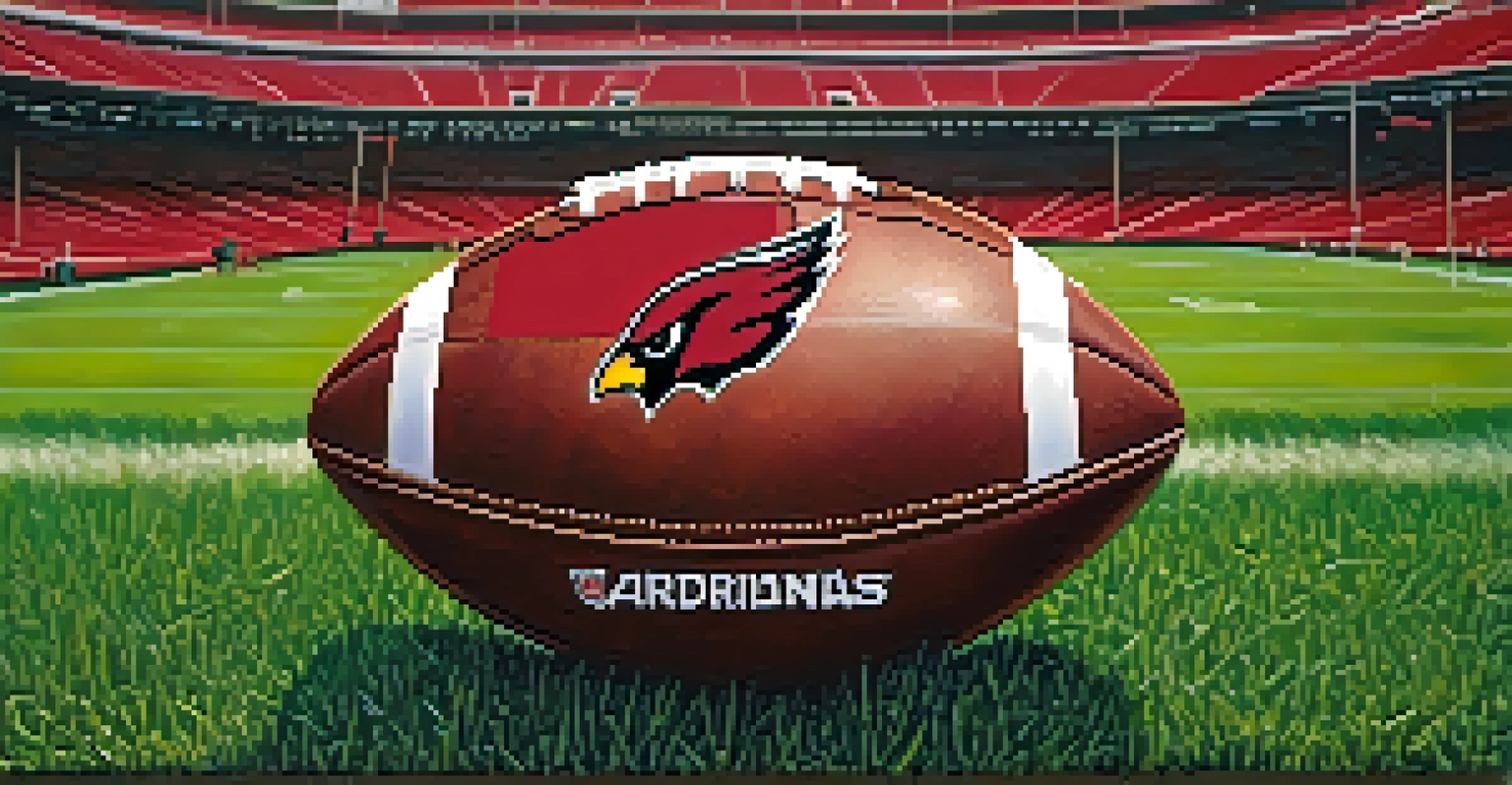 A detailed close-up of an Arizona Cardinals football on the grass with fans blurred in the background.