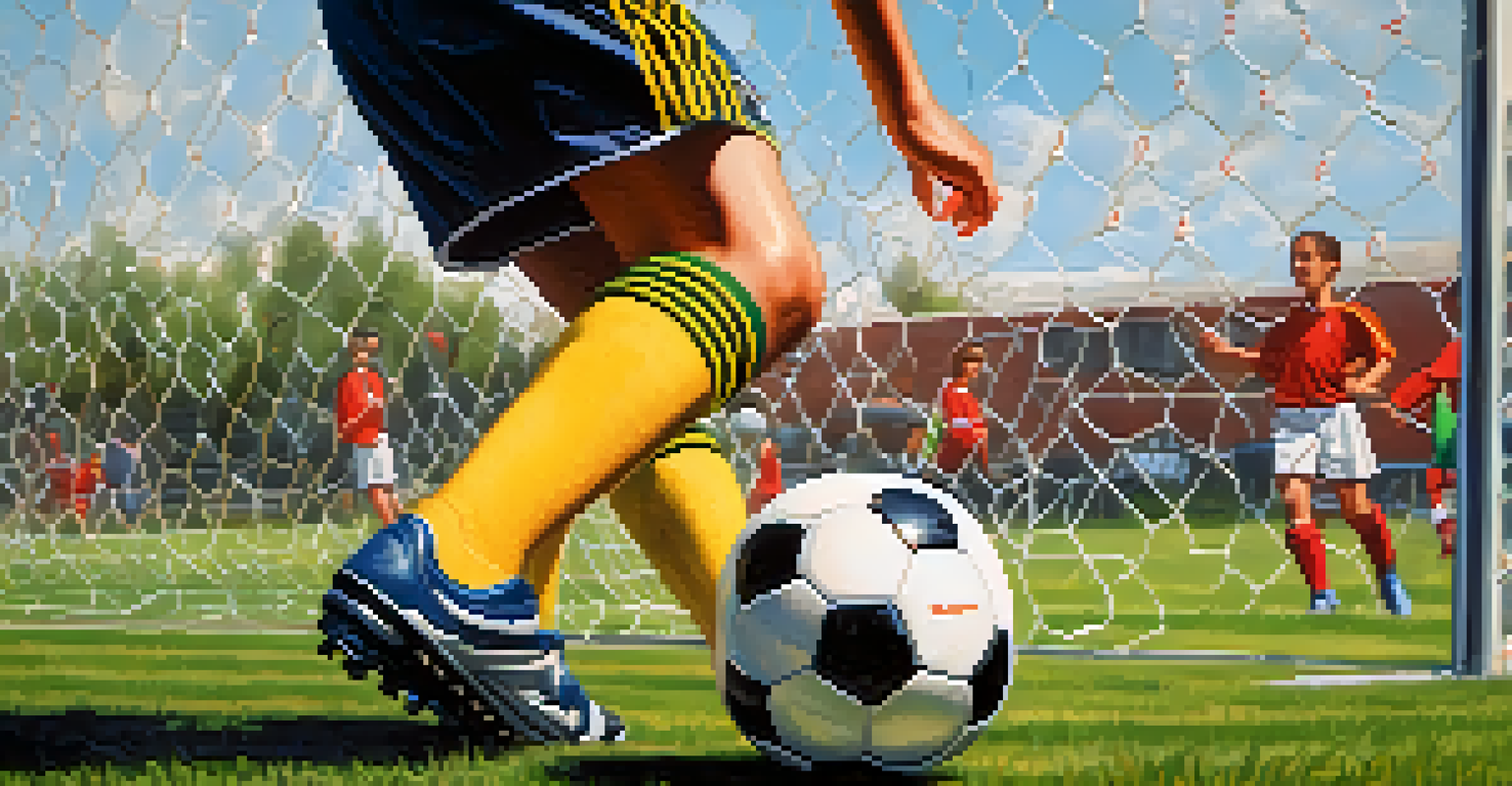 A determined young athlete practicing soccer, focused on the ball with teammates in the blurred background.