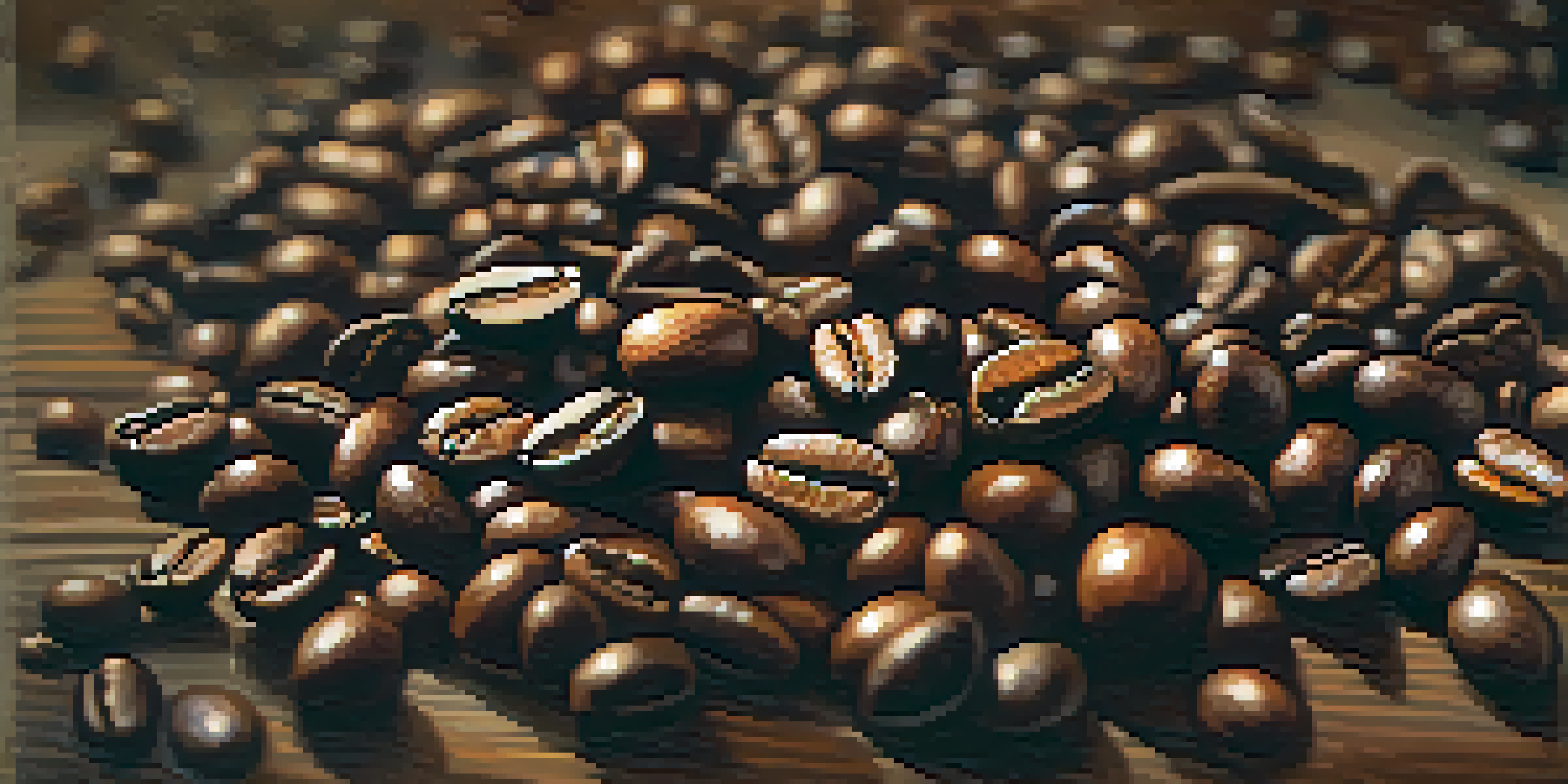 Close-up of freshly roasted coffee beans on a wooden table, highlighting their rich color and texture in warm light.