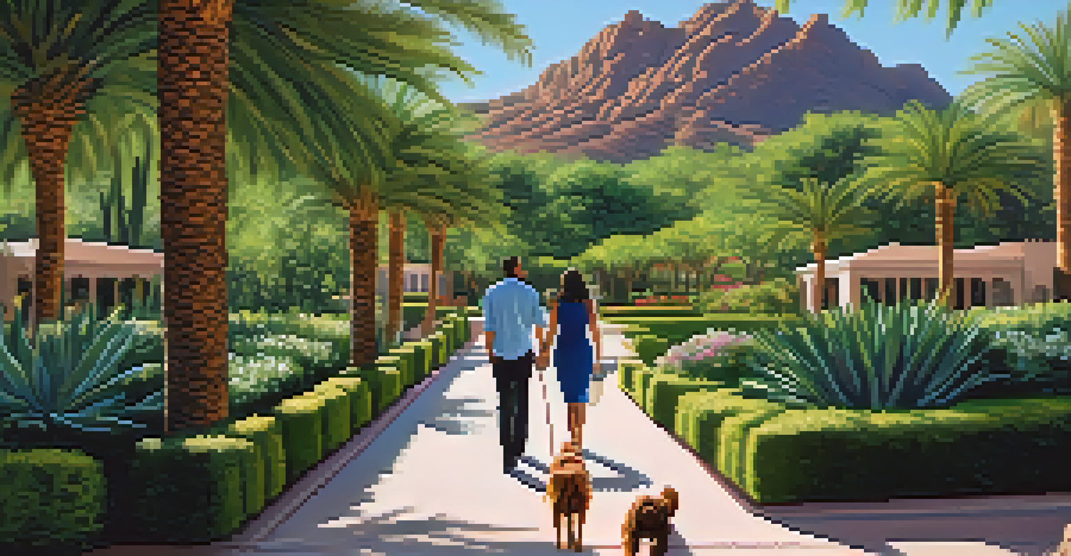 A couple walking their dog on a pathway in front of a luxurious resort with Camelback Mountain in the background and a clear sky.