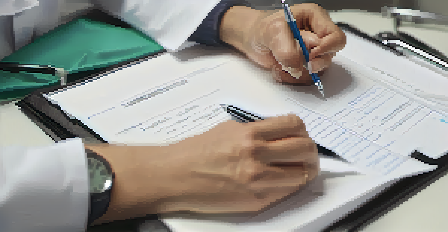 Close-up of a healthcare professional's hands writing notes on a patient file during a consultation.