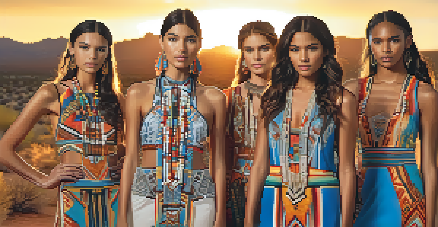 Diverse models in a desert landscape wearing contemporary fashion that blends Native American and Hispanic designs, illuminated by a warm sunset.